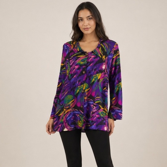 Charito's Bazaar Tops - Womens Abstract Painterly Print Button Down Tunic Blouse Purple XL